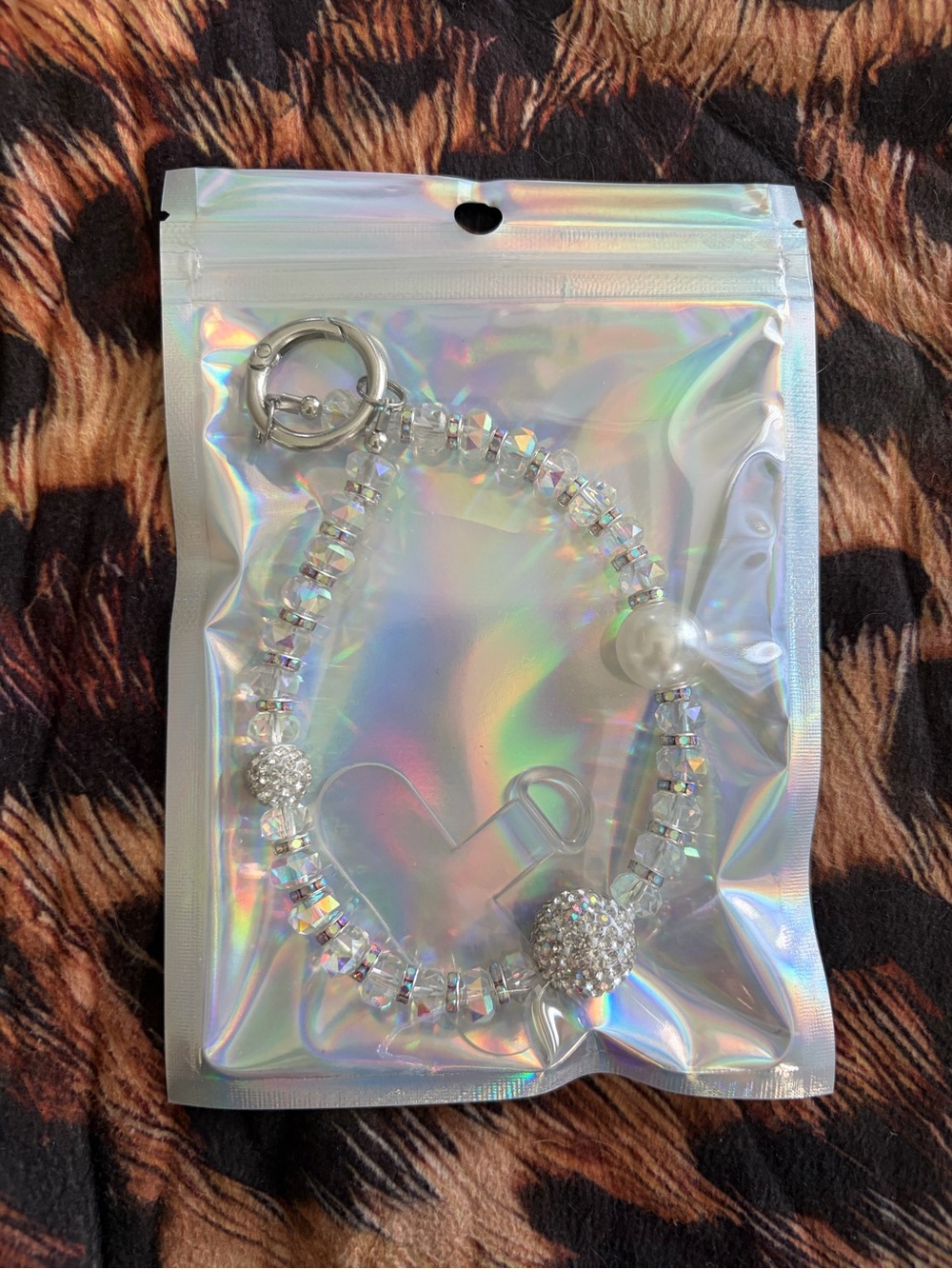 Crystal Bead and Pearl Accent Phone Charm  - Clear/Silver